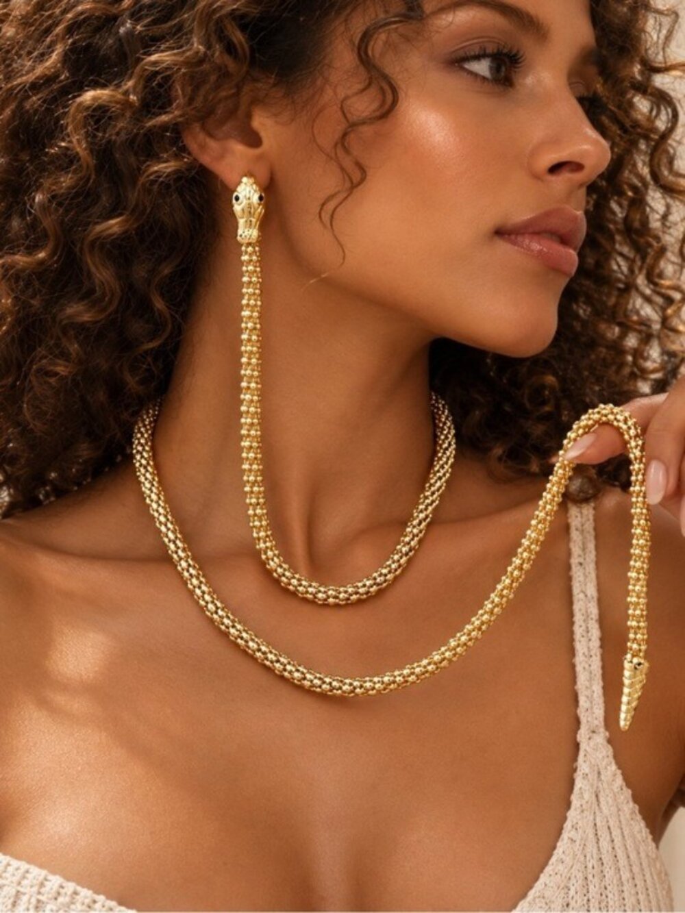 Sculptural Serpent Lariat Necklace and Earring  Jewelry